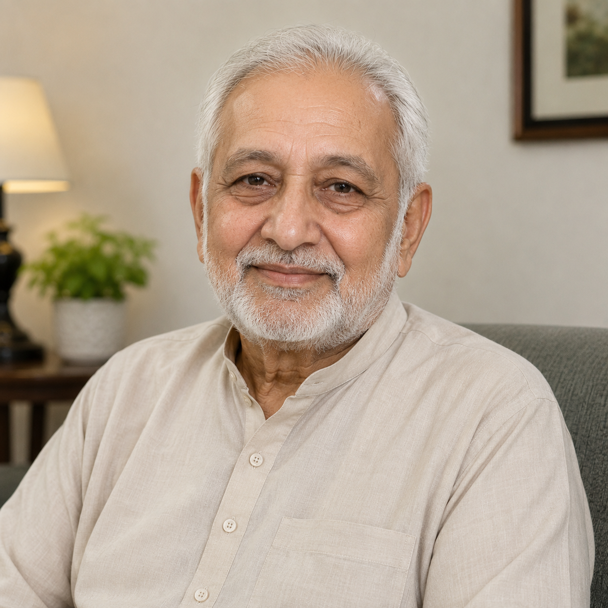 Portrait of a smiling elderly man with white hair and a white beard
