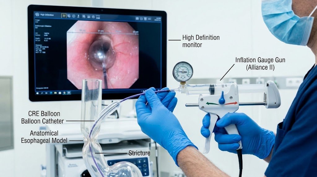 An annotated photo showing a clinician in blue gloves holding an inflation gauge gun connected to a CRE balloon catheter placed inside a transparent anatomical model of the esophagus with a stricture, beside a high-definition monitor displaying the endoscopic view.