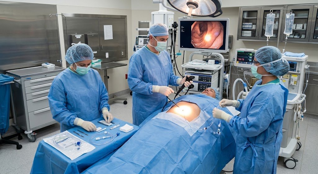 A surgical team in blue scrubs and masks performing a percutaneous endoscopic gastrostomy tube placement on a patient in an operating room, with a monitor showing the endoscopic view inside the stomach.