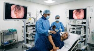 A gastroenterologist in blue scrubs and a surgical mask performing an upper endoscopy on a patient lying on their side, assisted by a nurse, with two monitors displaying the live endoscopic view inside the upper digestive tract.
