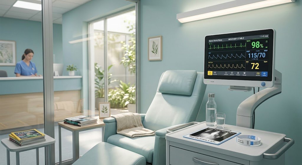 A calm, modern recovery room with a reclining chair, a vital-signs monitor displaying stable readings, magazines, and water on the side table, with a nurse visible at the reception desk.