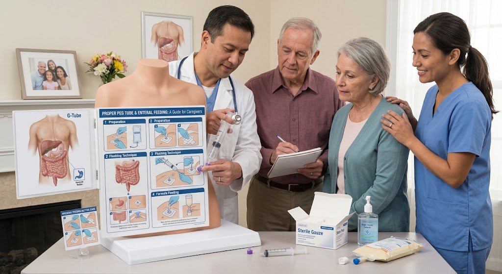 A doctor in a cap and mask demonstrating PEG tube feeding to a patient and family member, holding a syringe connected to the tube while the family member pours formula, with a digestive system chart and family members observing.