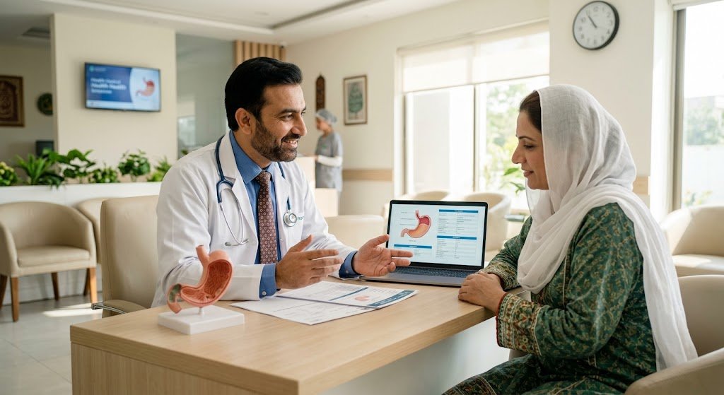 A doctor in a white coat discussing digestive health with a female patient wearing a white hijab at a consultation desk, with a laptop displaying a stomach diagram and an anatomical stomach model on the desk.