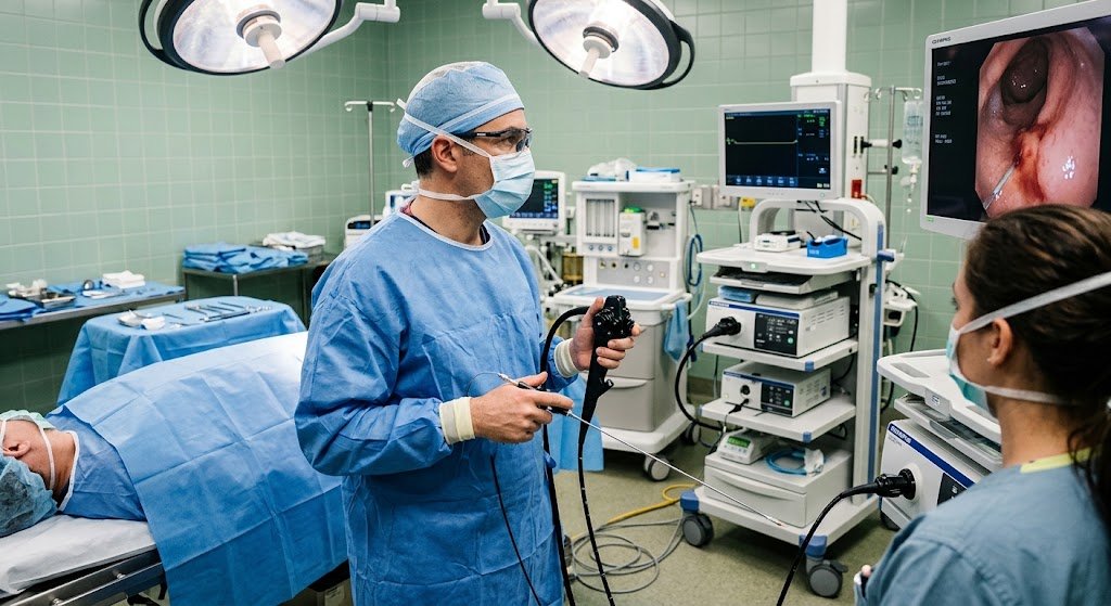 A surgeon in blue scrubs, cap, and mask holding an endoscope during a <a href=