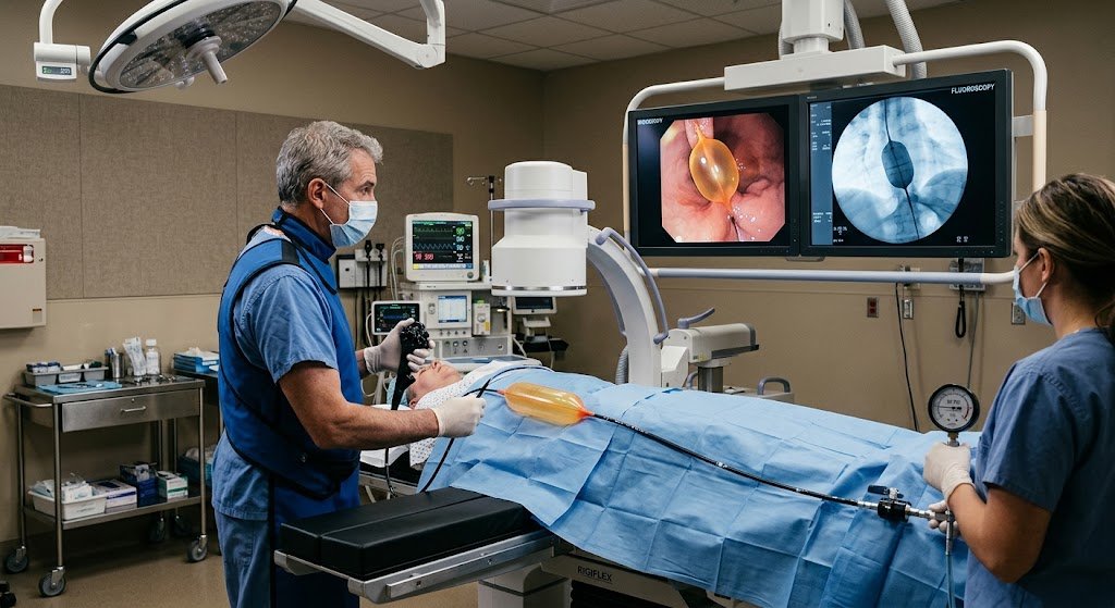 A doctor and nurse performing an achalasia balloon dilatation on a sedated patient, with the nurse holding an inflated balloon catheter and pressure gauge, while dual monitors show the endoscopic view of the balloon in the esophagus and the fluoroscopic view.