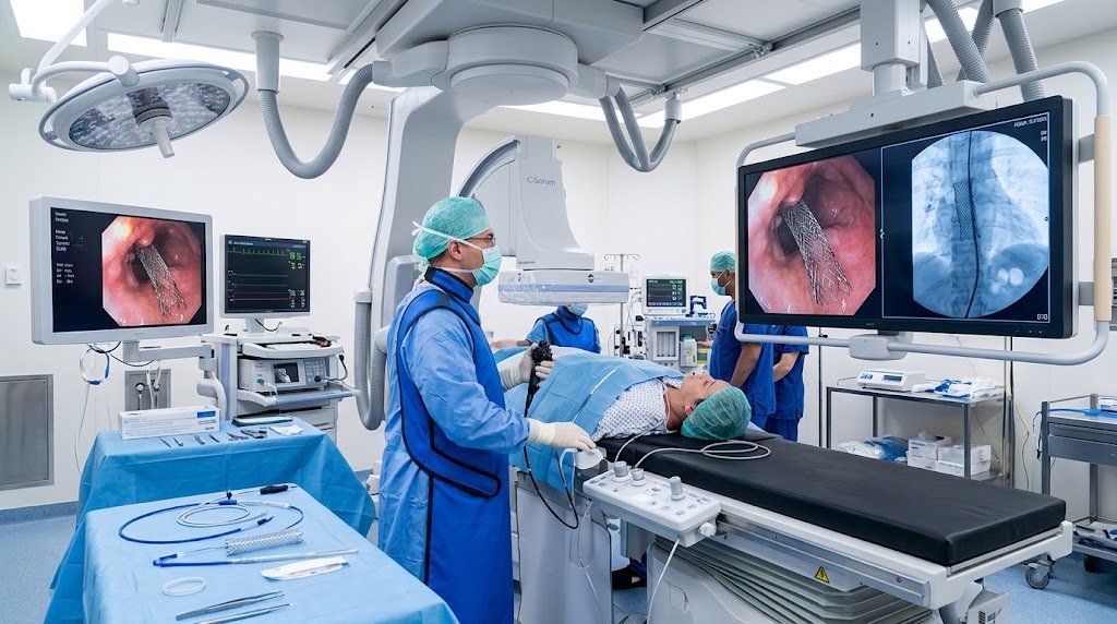 A surgical team in blue scrubs and caps performing an endoscopic procedure on a patient lying on a procedure table, with a C-arm fluoroscopy unit overhead and monitors displaying the endoscopic view of an esophageal stent and an X-ray image.