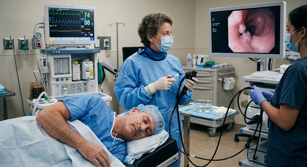 An endoscopy team performing a variceal band ligation: a doctor in a cap and mask advances the endoscope while a nurse supports the sedated patient lying on the table, with monitors showing the endoscopic and fluoroscopic views.