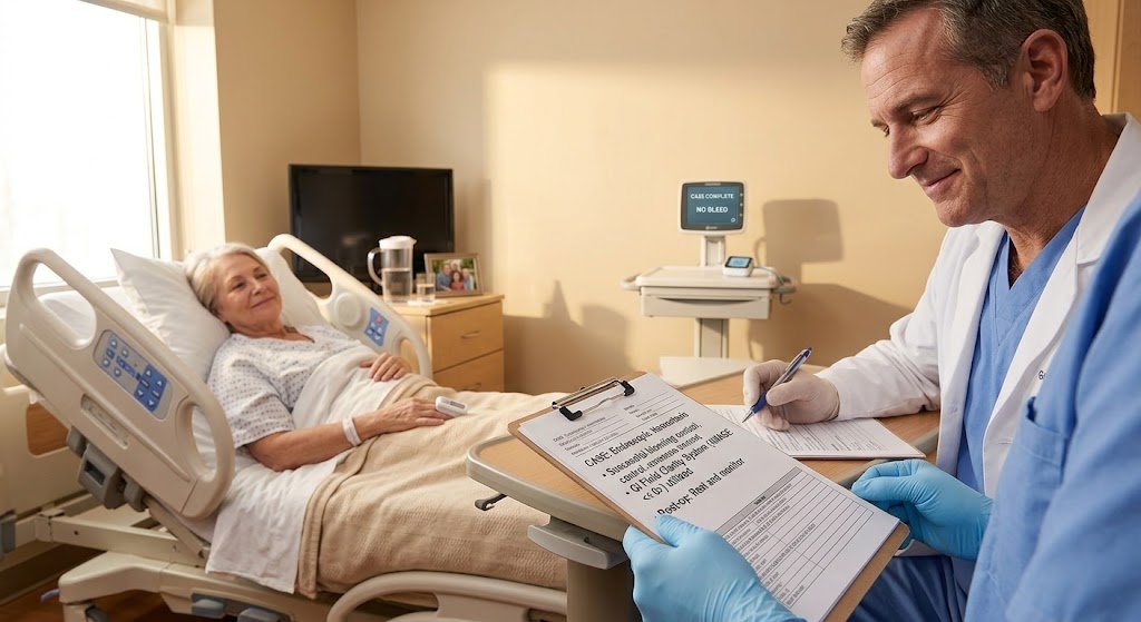 A smiling doctor in a white coat and blue gloves reviewing a clipboard checklist beside an elderly female patient resting in a hospital bed, with a vital-signs monitor in the background.