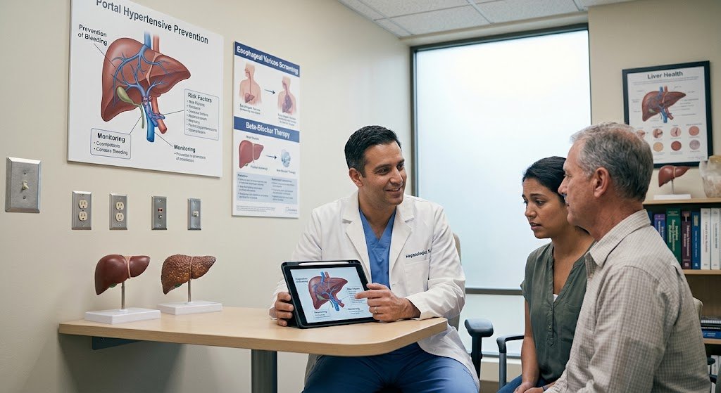A doctor in a white coat and cap gesturing toward a liver health poster while explaining to a patient and family members, with a nurse beside an endoscopy tower in a clinic consultation room.