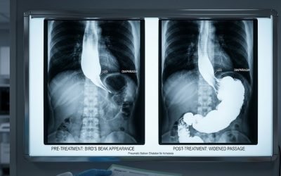 A lightbox displaying side-by-side barium swallow X-rays labeled pre-treatment bird's beak appearance of the lower esophageal sphincter and post-treatment widened passage, illustrating pneumatic balloon dilatation for achalasia.