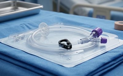 A coiled transparent percutaneous endoscopic gastrostomy feeding tube with purple Y-connector ports and an internal retention bumper, sealed in a sterile tray on a blue surgical drape.