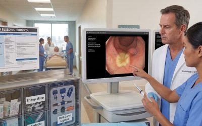 A nurse pointing at a monitor displaying an endoscopic close-up of a gastric ulcer while discussing the image with a doctor in an endoscopy unit, with a GI bleeding protocol poster and an instrument cabinet nearby.