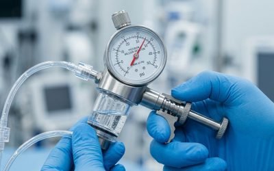 A clinician's blue-gloved hand holding a precision balloon inflation device with a round pressure gauge marked in psi and a transparent fluid chamber, connected to clear tubing.