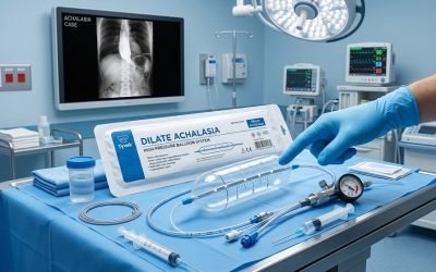 A high-pressure balloon dilatation kit labeled Dilate Achalasia arranged on a blue sterile tray with an inflated balloon catheter, pressure gauge, and syringes, while a gloved hand points to the balloon and a monitor shows an achalasia case X-ray.