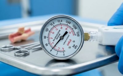 Close-up of a round balloon inflation pressure gauge marked in cmH2O, bar, and kPa, connected to a white inflation handle held by a clinician's blue-gloved hand on a sterile procedure tray.