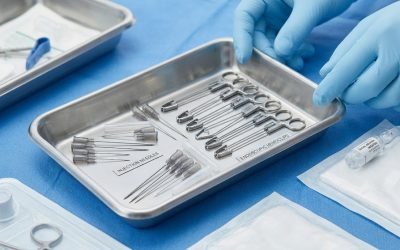 A stainless-steel tray holding rows of endoscopic hemoclips and injection needles on a blue sterile drape, with a clinician's blue-gloved hand and sterile packs nearby.