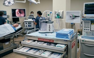 A red emergency cart stocked with GI bleed response supplies and a multi-band ligator in an endoscopy suite, with a clinician adjusting the endoscopy tower monitors.