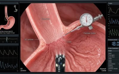 A 3D medical illustration showing balloon dilatation at the gastroesophageal junction, with labeled anatomy including the esophagus, GE junction, Z-line, and stomach cardia, plus a precision pressure sensor, endoscope tip, and monitoring graphs.