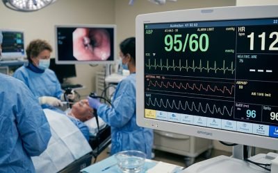 A vital-signs monitor displaying stable readings — blood pressure 120/70, heart rate 80, and oxygen saturation 98% — beside an endoscopy tower in a procedure room.