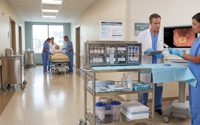 A doctor and nurse preparing endoscopic instruments on a trolley in a hospital corridor marked Endoscopy Unit, with a monitor displaying an endoscopic view of a polyp and a patient on a gurney in the background.