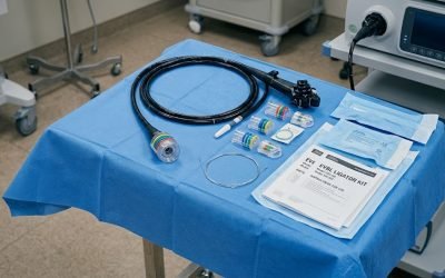 A sterile tray holding an EVBL ligator kit with a multi-band ligator device, its loading catheter, and elastic bands, prepared for a variceal band ligation procedure.
