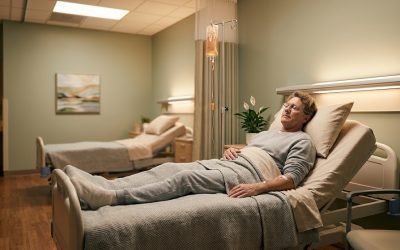 A patient lying on their side resting in a hospital bed in a recovery room, with a blue surgical cap, covered by a pink and white blanket, in a calm private room.